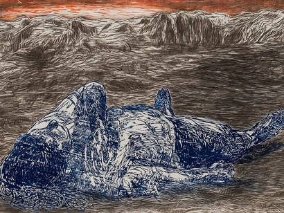 Orit Hofshi
Grasp (detail), 2023,
Hand Printed Woodcut, Rubbing and Color Pencil Drawing on Handmade Kozo & Abaca Paper,
33" x 50" (84 x 127 cm). Courtesy of the artist and Yossi Milo Gallery