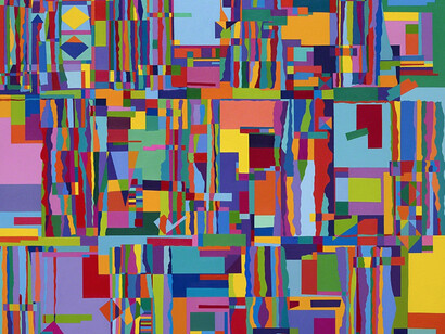 Peripheral thought, house photo word movie paint, singular color. Courtesy of Lora Schlesinger Gallery