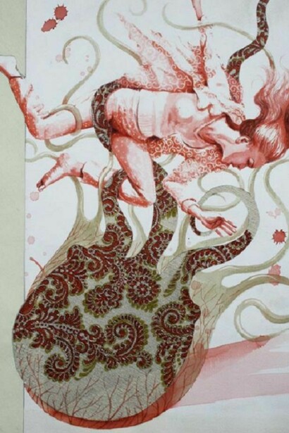 Vania Elettra Tam, Rhodiola Rosea in medusa paisley bordeaux, 2013. Tecnica mista su carta, 50x35 cm.  
