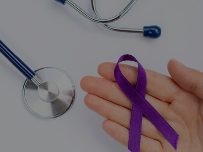A symbolic image: hands clasping a purple ribbon, juxtaposed with a stethoscope