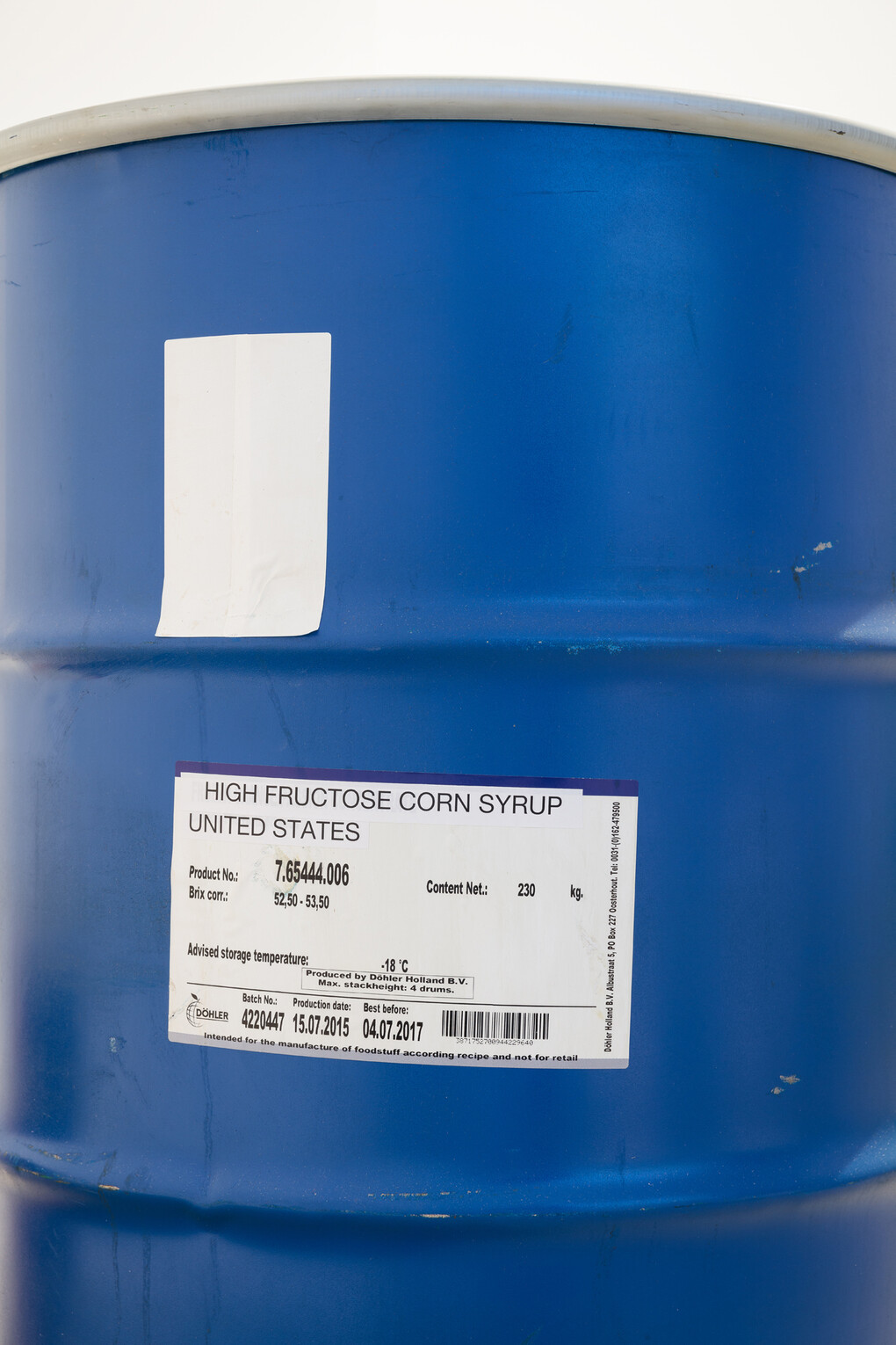 High Fructose Corn Syrup Barrel (Blue), 2015, metal drum, 60 x 86 cm, 23 5/8 x 33 7/8 ins, courtesy of Vilma Gold, London and Neue Alte Brücke, Frankfurt