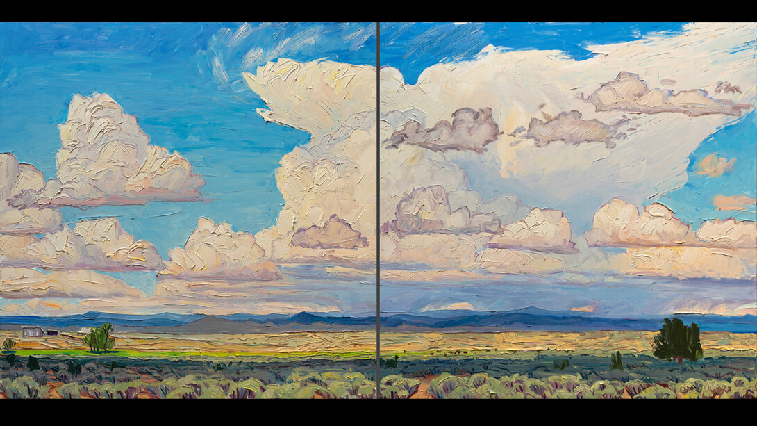 Jivan Lee, West from 150 at Noon (diptych), 2023, oil on panel, 48x96.25 inches. Courtesy the artist and LewAllen Galleries