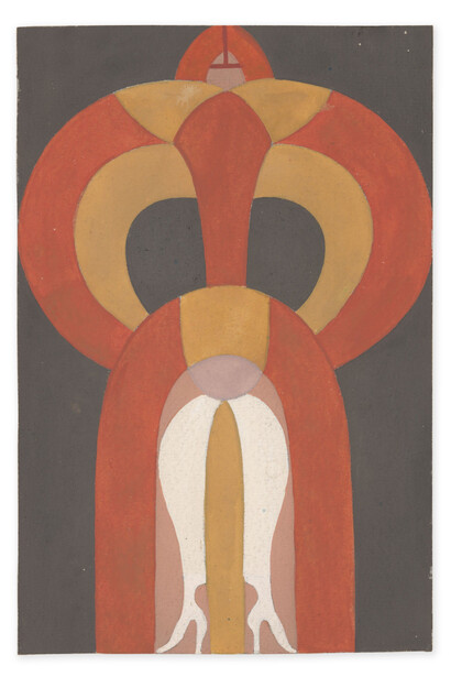 Sophie Taeuber-Arp, Danseuse (Dancer) 1917-1924, gouache, pencil on paper mounted on cardboard, 12x8 cm. © Stiftung Arp e.V., Berlin/Rolandswerth/Artists Rights Society (ARS), New York, photo: Alex Delfanne. Courtesy Stiftung Arp e.V., Berlin/Rolandswerth and Hauser & Wirth