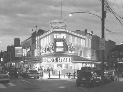 Geno's Steaks, a Philadelphia restaurant specializing in cheesesteaks, located directly across the street from rival Pat's King of Steaks