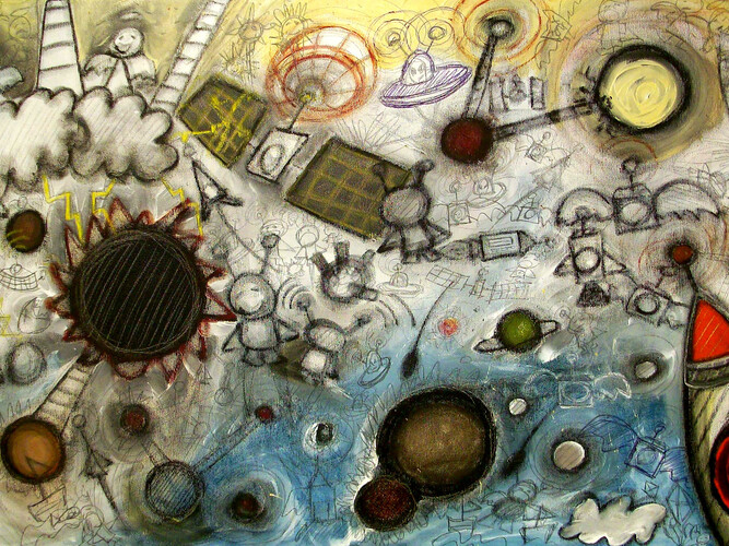 Francesco Zavattari, Il matrimonio fra cielo e paradiso, Pastello extrafine, idropittura, grafite e penna biro su tela, 50 x 80 cm (dettaglio)