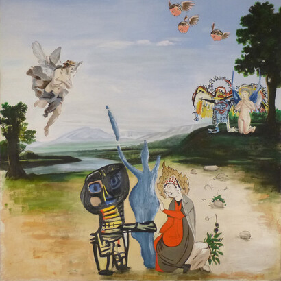 Alun Williams, Trois Saintes Vierges assistées par des Anges, 2014, huile et acrylique sur toile, 180 x 175 cm, courtesy of galerie anne barrault