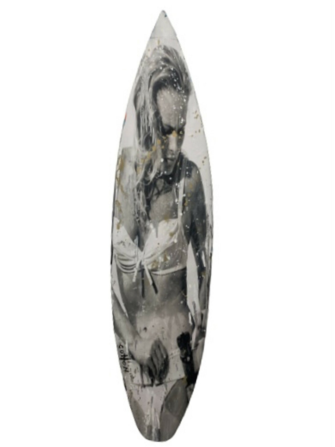 Andrew Cotton, Bond girl II, mixed media on surfboard, 73.50x19x1.75 in