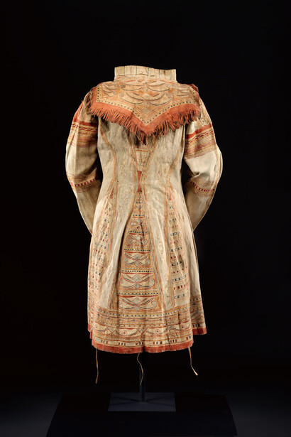 Date:ca. 1840
Geography:Possibly made in Quebec, Canada; Possibly made in Labrador, Canada
Culture:Naskapi Innu
Medium:Native-tanned leather and pigment
Dimensions:41 1/2 × 69 1/4 in. (105.4 × 175.9 cm)
Classification:(not assigned)
Credit Line:The Charles and Valerie Diker Collection of Native American Art, Gift of Valerie-Charles Diker Fund, 2017