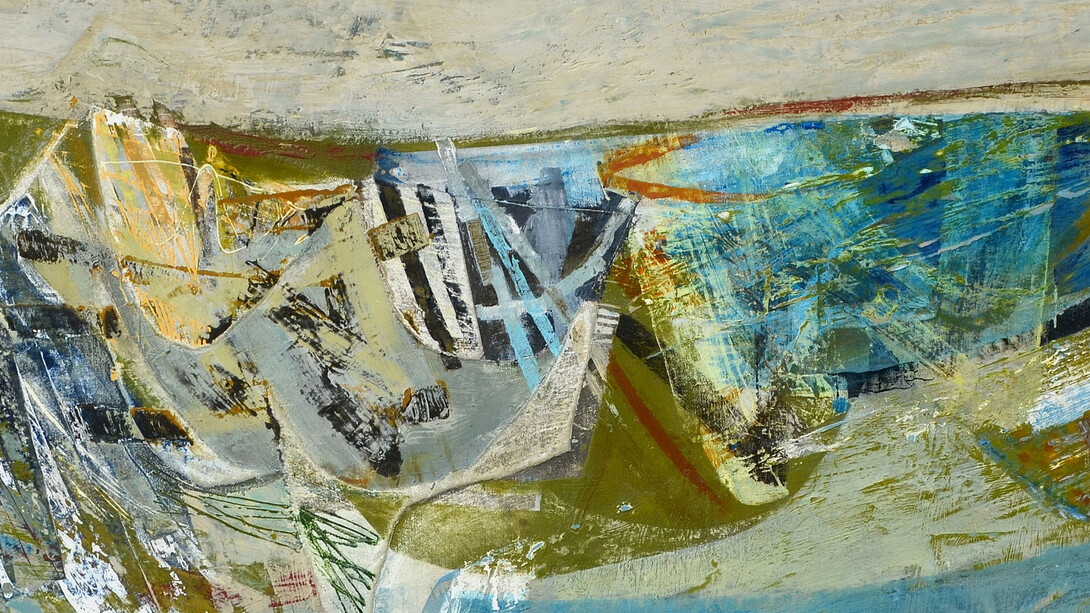Peter Joyce, Flooded Pools, 2014, Acrylic and collage on wood panel, 64 cm x 104 cm