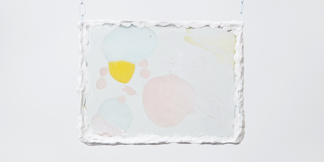 Karla Black, Unprepare, 2017, glass, vaseline, paint, metal chain, clay, 33 x 42 x 3 cm, 13 x 16 1/2 x 1 1/8 ins, courtesy the artist & Stuart Shave/Modern Art, London

