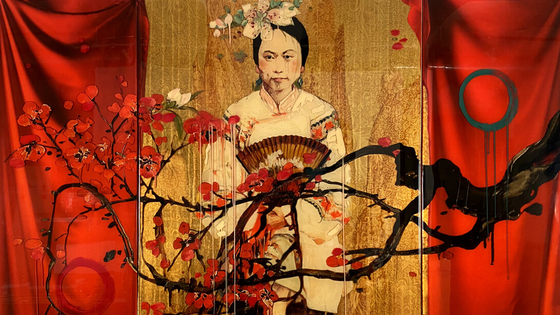 Hung Liu, Red Plum III, mixed media, triptych, 48x60 inches. Courtesy of Nancy Hoffman Gallery
