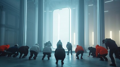 People kneeling in front of a glowing smartphone, symbolising the loss of independent thought in the age of artificial intelligence