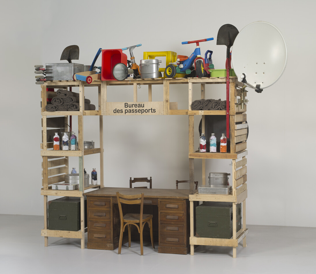 Antarctica World Passport Delivery Bureau, Palais Iéna Paris, 2012
Bureau construction in reclaimed materials, chair, desk, vintage military canteens, various objects, Antarctica World Passports, passport stamps, ink pads
220 x 60 x 240 cm variable
Courtesy of the artists. Photo: Bertrand Huet
