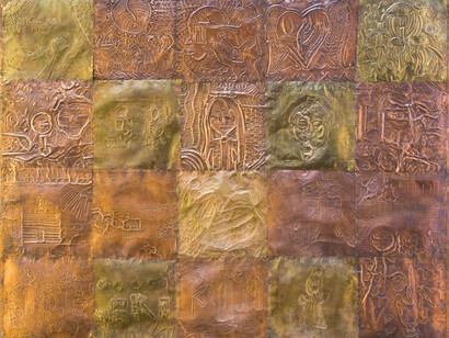 Initiated by Conexión Américas and Jamaal Sheats, with contributions by the Center for Refugees and Immigrants of Tennessee, Edmondson Pike Branch Library, and Room in the Inn. Quilted Identities, 2014. Brass and copper, mounted on wood. Photo: Samantha Angel