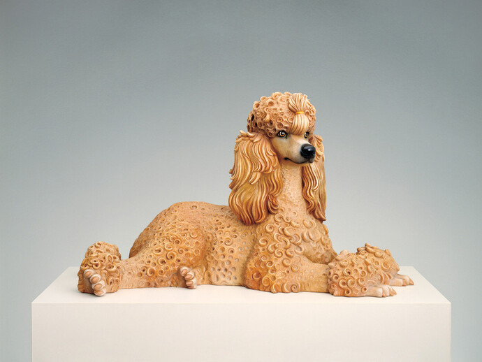 Jeff Koons, Poodle, 1991. Polychromed wood; 23 × 39 1⁄2 x 20 1⁄2 in. (58.4 × 100.3 × 52.1 cm). Whitney Museum of American Art, New York; promised gift of Thea Westreich Wagner and Ethan Wagner P. 2011.212. © Jeff Koons