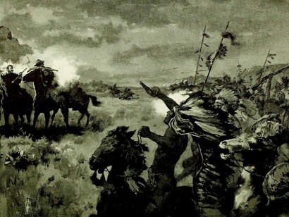 Imamgine tratta da: "Gesta di valore - come gli eroi americani hanno conquistato la medaglia d'onore - ricordi personali e documenti di ufficiali e soldati semplici che sono stati insigniti della medaglia d'onore del Congresso per il loro comportamento particolarmente eroico", di  Beyer, Walter F Keydel, Oscar F., 1901. A Wounded Knee, nel 1890, il 7° Cavalleria massacrò circa 250 Lakota, in gran parte donne e bambini disarmati, trasformando una resa in una strage