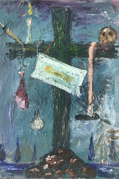 Manuel Ocampo, Hockney, 2017, oil on canvas, 45 Χ 36 cm. Courtesy of AD gallery