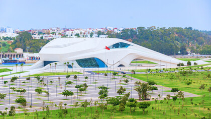The Grand Theatre of Rabat set within expansive green spaces, reflecting Morocco’s commitment to creativity and sustainability