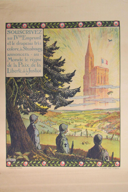 Jean-Jacques Waltz (also known as Hansi) (French, 1873– 1951), Souscrivez au 4ème Emprunt... (Subscribe to the 4th loan...), 1918, Lithograph on paper, 31 1/2 x 23 1/2 inches. Georgia Museum of Art, University of Georgia; Gift of Murray and Nancy Ann Blum
