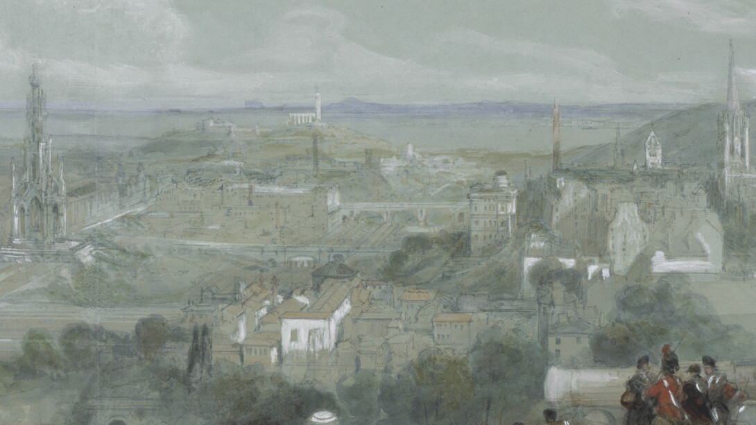 David Roberts, View of Edinburgh from the Ramparts of the Castle (detail), Looking East 1846, Watercolour with gum arabic over pencil, heightened with white bodycolour on two sheets of blue-green paper, joined together, faintly squared in pencil, 28.50 x 80.00 cm, Scottish National Gallery collection
