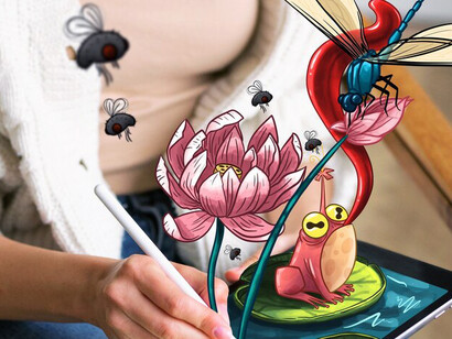 An illustrator using an iPad to craft vivid and colorful artwork, illustrating the essence of creativity and inspiration