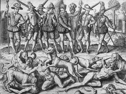 Théodore de Bry; Masacre de indios. 1594. Grabado en cobre, 16x19.6 cm. Wolfenbuttel, Herzog August Bibliothek