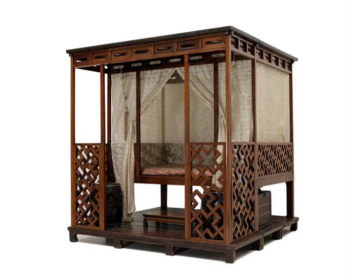 Huanghuali wood with 19th century painted soft wood base and canopy, silk gauze curtains and silver hooks, 91 x 86 1/4 x 84 1/4 inches. Purchase: William Rockhill Nelson Trust, 64-4/4.