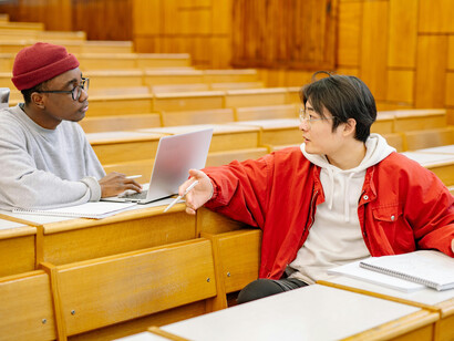 Two undergraduate students discussing a project. Teamwork and networking is essential during college years