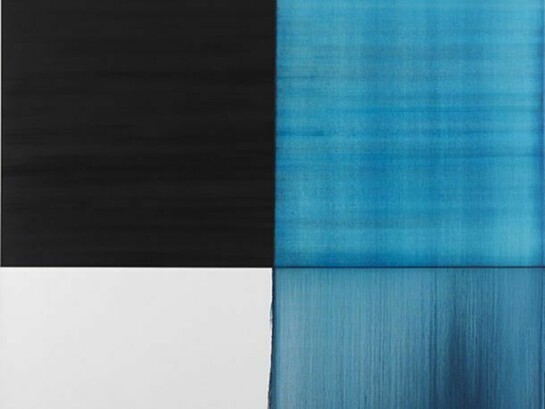 Callum Innes, detail of Exposed Painting Blue Lake, 2013, Oil on linen, 240 x 232 cm, ©H Kosaniuk Courtesy Sean Kelly, New York