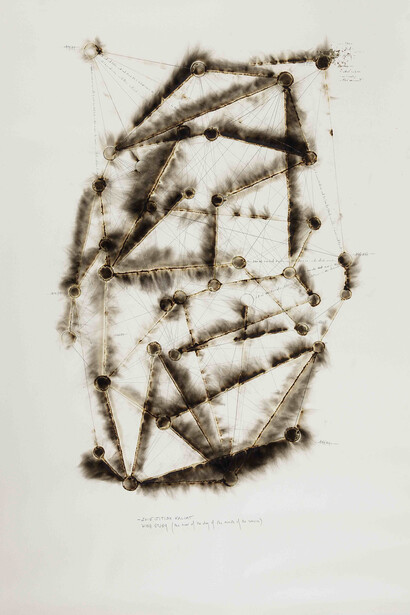 Jitish Kallat, Wind Study (the hour of the day of the month of the season), 2015, burnt adhesive and graphite on Indian handmade paper, 66 x 45 in, Courtesy Galerie Daniel Templon, Paris. © Jitish Kallat