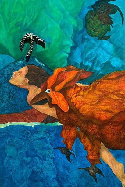 Volo verso il mondo felice, 2003, tecnica mista su cartone, cm 120x80