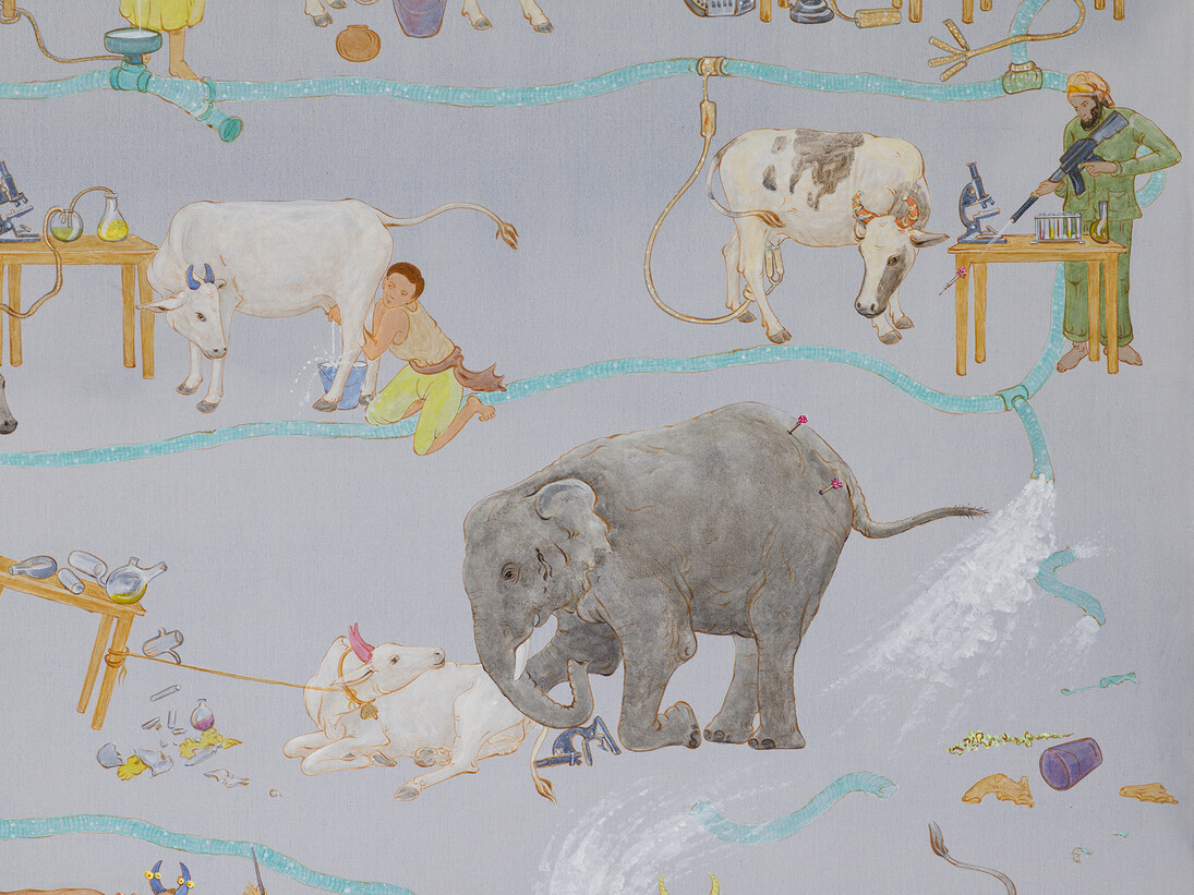 NS Harsha, Mooing here and now (detail), 2014, Acrylic on canvas, 190 x 150 cm, 74 3/4 x 59 1/8 in, Courtesy the Artist and Victoria Miro, London © NS Harsha