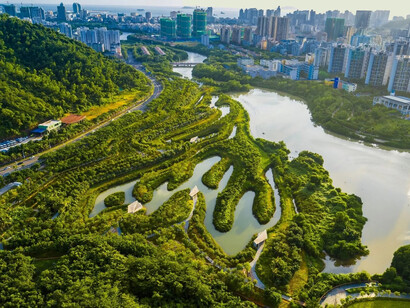 Cidades esponjas integram tecnologias para absorver e armazenar água da chuva, minimizando o impacto das enchentes e promovendo um ambiente urbano mais verde. Zonas húmidas em socalcos em Haikou, uma das duas principais cidades de Hainan, China. Projeto de: Turenscape
