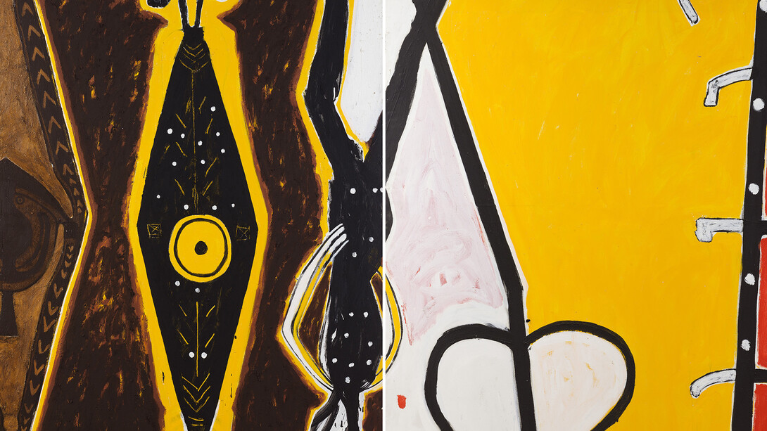 Ouattara Watts, Ritual Painting n°2, 1988,  diptych, mixed media on canvas, 180 x 432 cm, Courtesy Galerie Boulakia