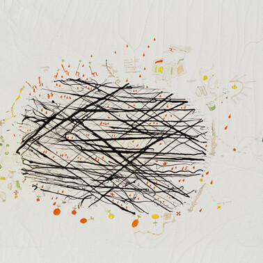 Gianfranco Baruchello, Neogenesis Justitiae Originalis I, 1963, Tecnica mista su tela, 200 x 200 cm, Titolo, firma e data sul retro (particolare)