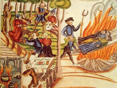 Esecuzione di Verena Trost, Barbara Meyer e della loro figlia Anna Lang a Bremgarten come streghe con il fuoco (13 settembre 1574), illustrazione dalla Wickiana (collezione di Johann Jakob Wick, Biblioteca Centrale di Zurigo)