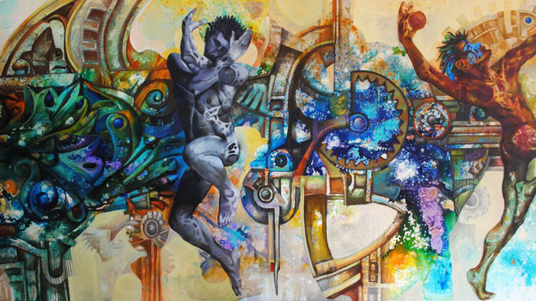 Rigo Peralta, Transcultural (detail, one of three panels), 2015, acrylic on linen. Allentown Art Museum