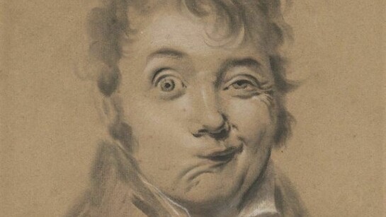 Louis-Leopold Boilly, Detail of Grimacing Man (Self-Portrait), ca. 1822-23, Black chalk with touches of white and red chalk on light brown (formally blue) wove paper, 9.75 x 7.75 inches, Private collection, Photo credit: Margaret Fox