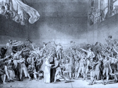 La obra de Montesquieu también tuvo efectos en la Revolución francesa:«Juramento del Juego de la pelota» (esbozo de 1791), Jacques-Louis David