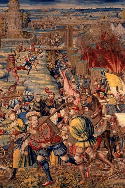 L'Invasione del campo francese e fuga delle dame e dei civili al seguito di Francesco I, quarto dei sette arazzi che rappresentano la Battaglia di Pavia, Bernard van Orley, databile tra il 1528 e il 1531, Museo nazionale di Capodimonte, Napoli, Italia