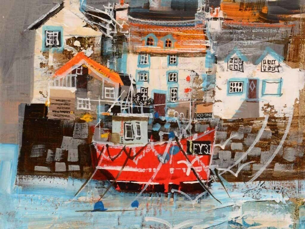 Mike Bernard RI, Harbour Quay, Polperro, mixed media on canvas, 12 x 12 ins (30 x 30 cms)