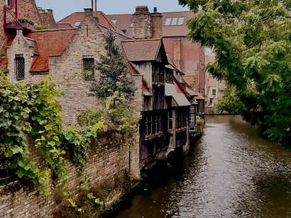 A brown brick building stands beside the river, surrounded by houses and other buildings in Maastricht, the Netherlands