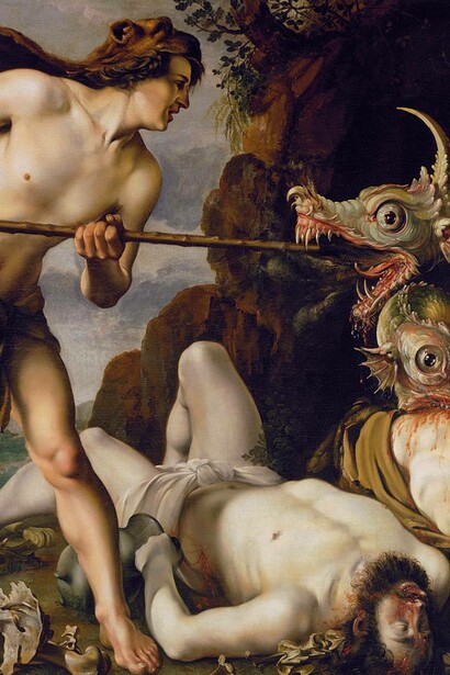 Hendrick Goltzius, Cadmo che uccide il drago (tra il 1573 e il 1617), olio su tela, Galleria Nazionale di Danimarca, Copenaghen, Danimarca