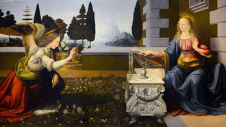 Leonardo Da Vinci; Anunciación, c. 1475, Galería de los Uffizi, Florencia, Italia