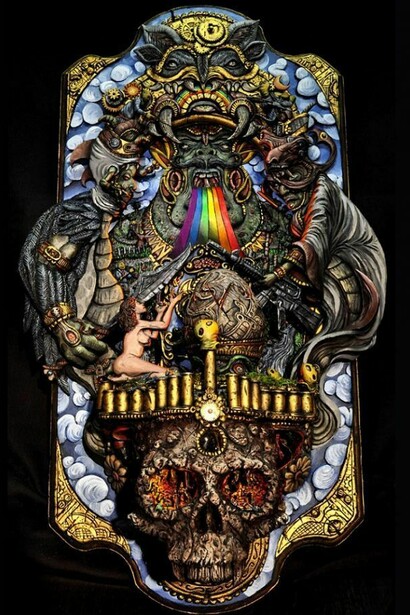 Nathan Cartwright, “The Cosmic Egg”, mixed media sculpt with kinetic egg and lights, 14″ x 23″ x 6″