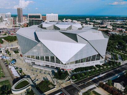 An aerial view of Mercedes-Benz Stadium in Atlanta, Georgia, representing one of the highest-rated FIFA World Cup venues