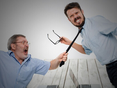 In a business conflict scenario, two individuals are seen expressing negativity, with one forcefully grabbing the necktie of their opponent, highlighting tension and disagreement in the workplac
