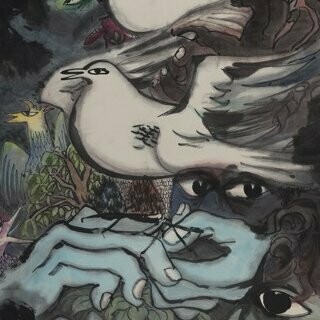 Minol Araki, Ben Shahn Blue (detail), 1978,
Ink & color on paper scroll,
85.75 x 34.25 in. Courtesy of the artist and LewAllen Galleries