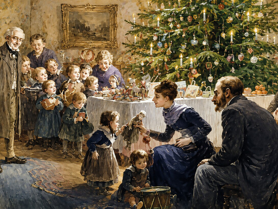 Victorian-era Christmas in Germany, depicting an act of charity as presents are given to peasant children inside a castle, vintage illustration, 1880s, 19th century