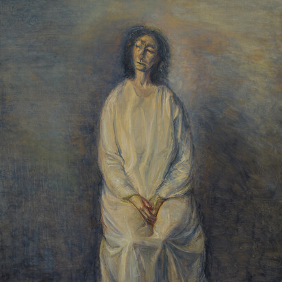 Celia Paul, Kate in White, 2014, Oil on canvas, 127 x 127 x 3.5 cm, 50 x 50 x 1 3/8 in, Courtesy the Artist and Victoria Miro, London, © Celia Paul